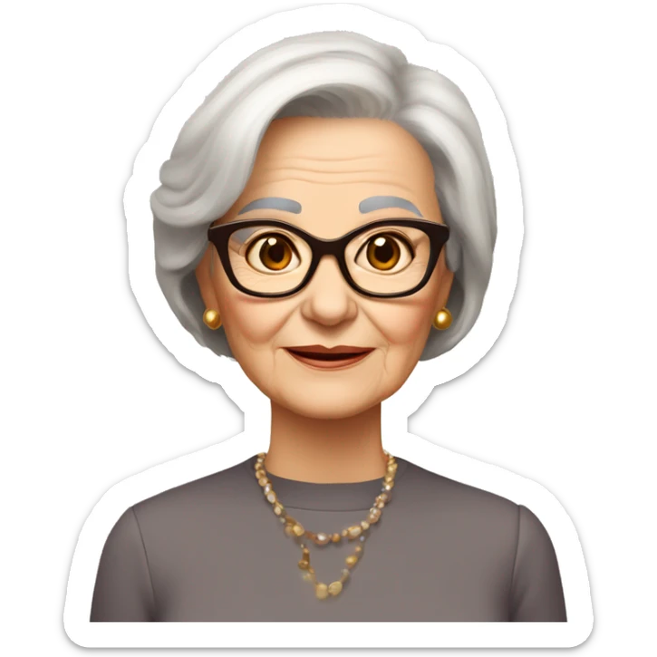 80 years old girl
Short straight brown hair with bob styling
light skin small square 
glasses with refined frame
Brown eyes with cat eye liner sticker