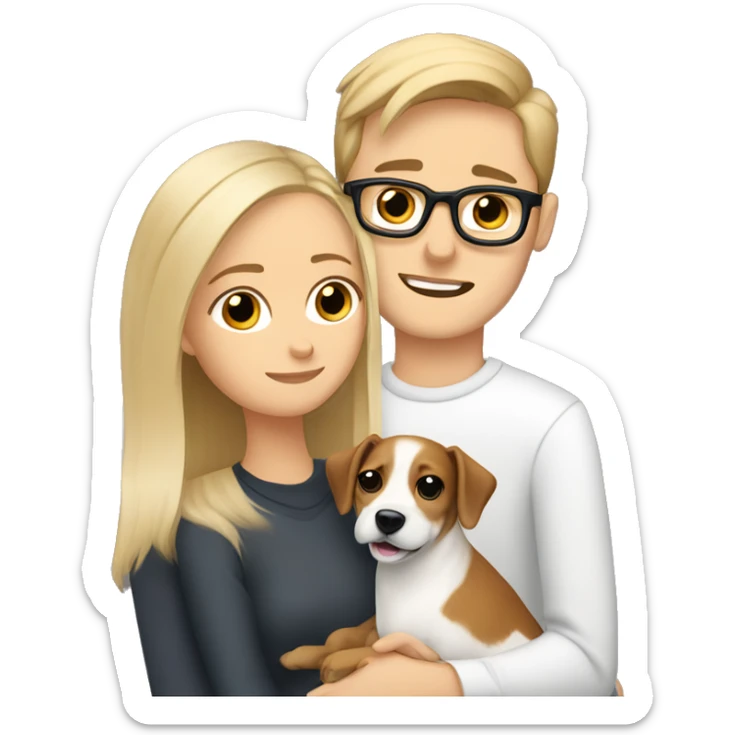 Blonde girl and her white boyfriend with brown hair and glasses cuddling a jack Russell  sticker