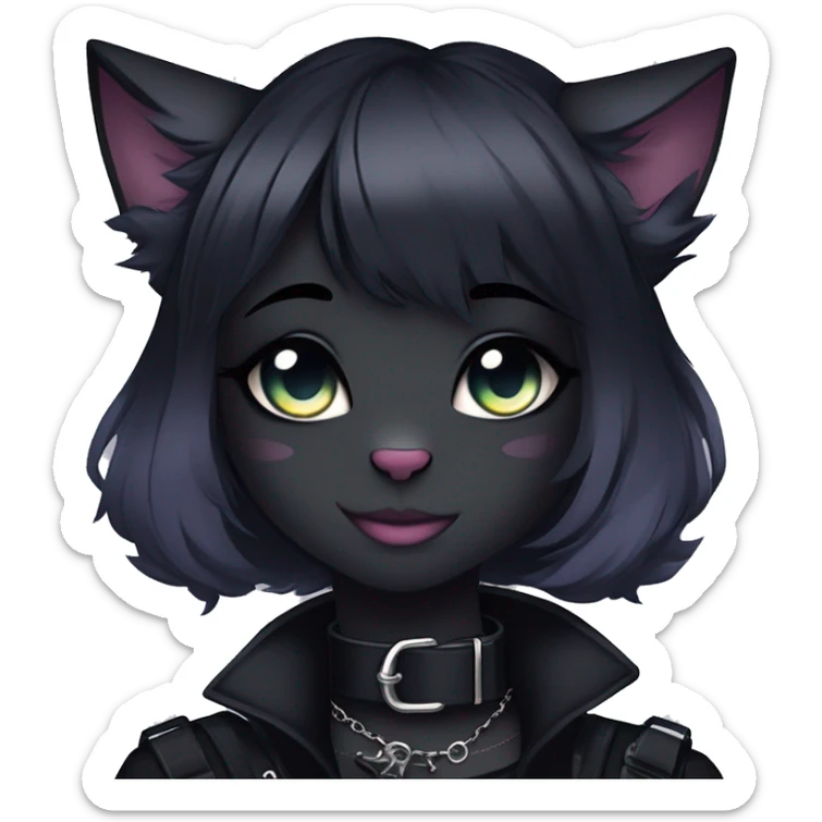 Gorgeous gothic dark techwear anime style anthro black cat furry with blushing face aesthetic and pretty edgy black with collar and harness trending style sticker