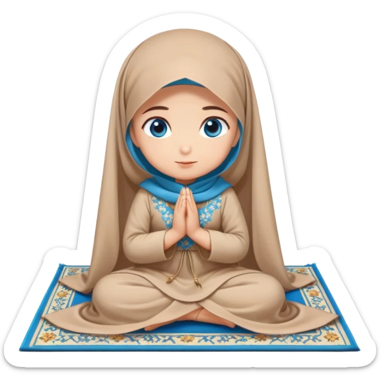 Turkish beautiful finish Konya girl blue eyes with beige flower hijab long tail dress and sits on the pray mat namaz on the ground and pray dua  sticker