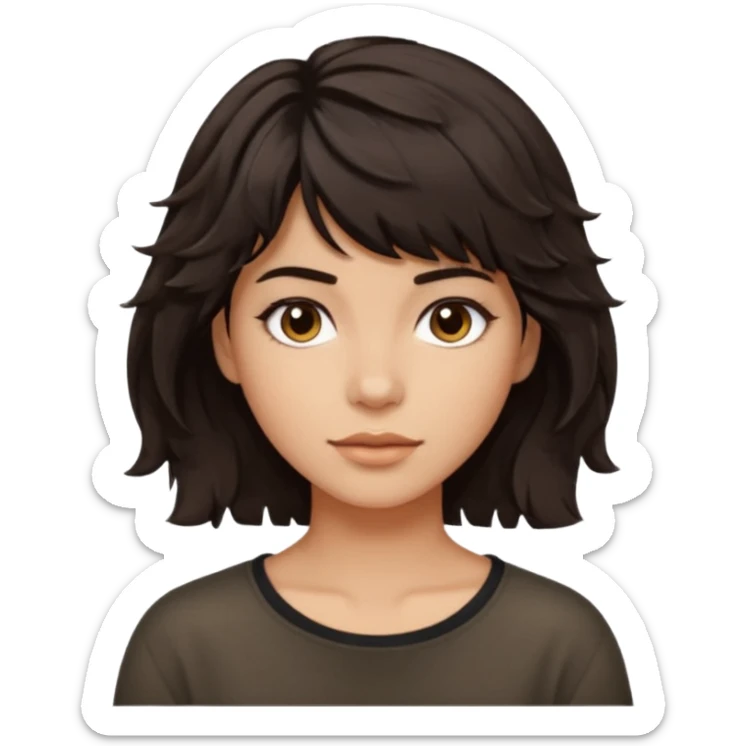 À emoji that don’t smile Dark brown thick hair, medium-length textured top with loose natural waves, short tapered sides, soft messy fringe, natural volume sticker