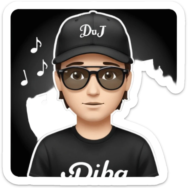 Emoji of a white man with short dark brown hair under a black baseball cap, wearing a black t‑shirt and 1980s‑style black Ray‑Ban rectangle sunglasses black lenses, with black musical notes floating around his head,  word "DJ DLG" written on the hat sticker