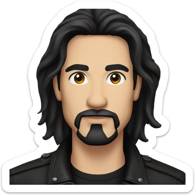 Man with long black hair, black goatee, square jawline, eyeliner, black leather jacket, black pants, black shirt and pentacle necklace sticker