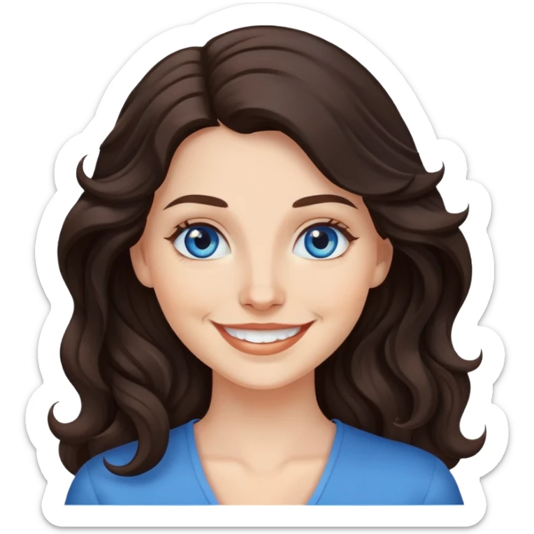 Smiling white woman with blue eyes and long wavy dark brown hair sticker