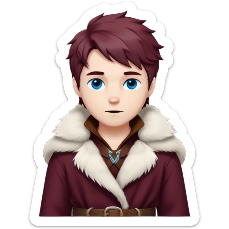 Medieval winter outfit worn by a DnD themed fantasy male character. Thick burgundy wool tunic with arctic fox fur lining, adorned with bronze clasps and a sturdy woven leather belt. Clothes only above the waist, full waist coverage. The character has no arms. Character is white-skinned with mahogany hair, stormy blue eyes, and short layered hair windswept with winter chill sticker