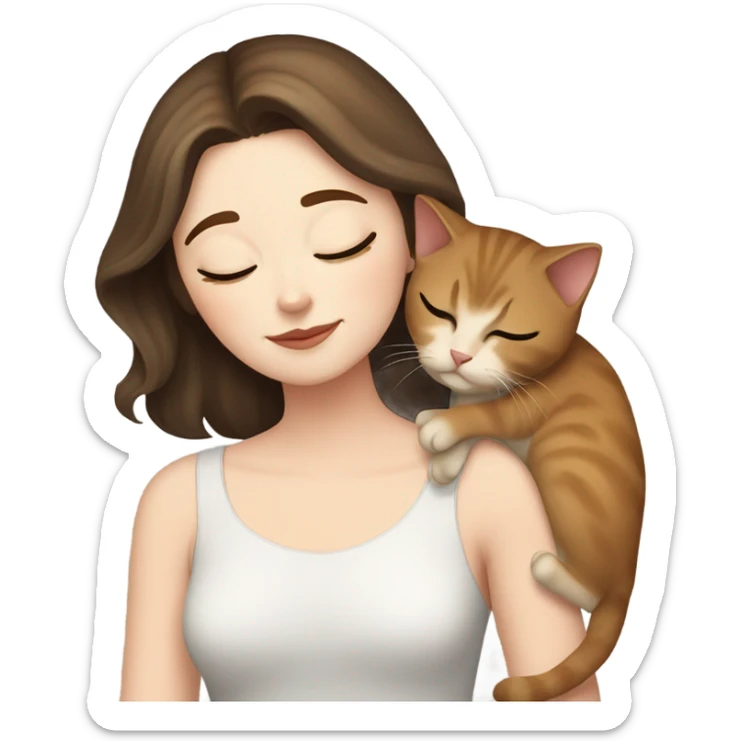 White girl short brown hair sleeping with tuxedo cat kitten sticker