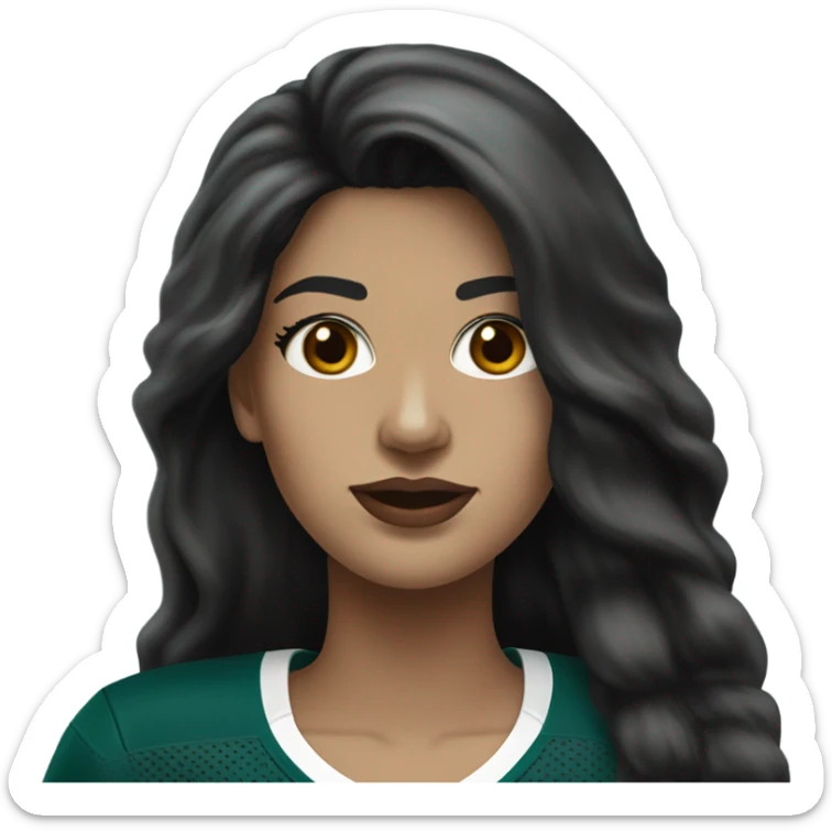 White female long dark hair red lips wearing Philadelphia Eagles jersey sticker