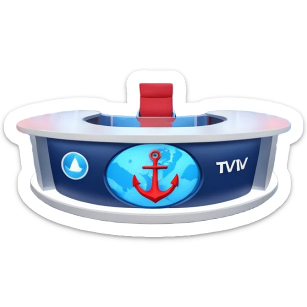 Professional news TV studio interior, modern anchor desk in center, large curved LED screen wall behind presenter, abstract global map graphics, blue dominant colors with red accents, symmetrical composition, broadcast-quality lighting, realistic 3D studio render sticker