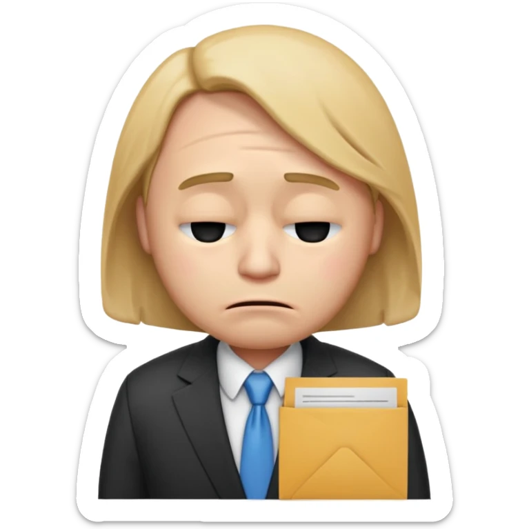 unisex emoji character wearing a suit. face has a very sad crying, disappointed expression with drooping eyebrows and half-closed eyes. posture is dejected, with slumped shoulders just rejected from his interview to get a job, holding cv. sticker