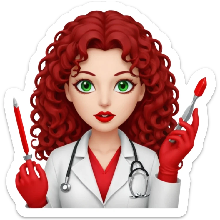 Lilith symbol sexy evil woman. She has green eyes.  had brown long curly hair.  evil surgeon kills with scalpel wears red sexy doctor coat with red mouth cover red gloves. Covers nose, neck  and mouth with red face berka sticker