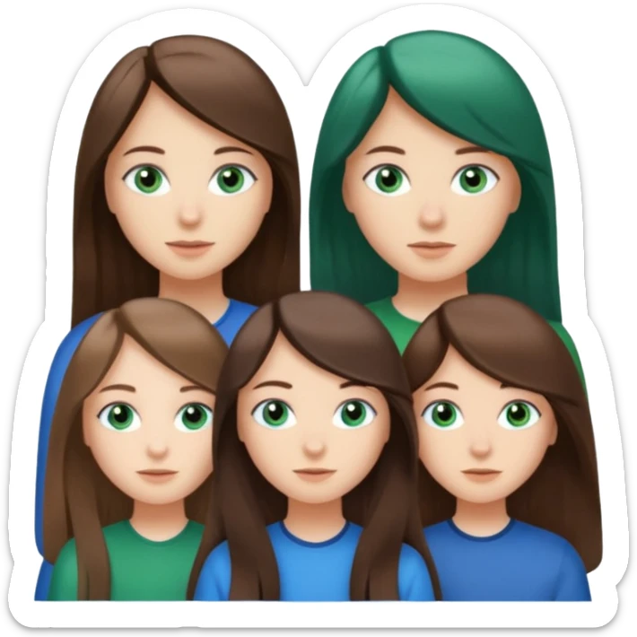 Three people total: Two girls brunette one with straight long hair and blue eyes one with curled hair middle length and green eyes and the other a boy lighter brown with blue eyes  sticker