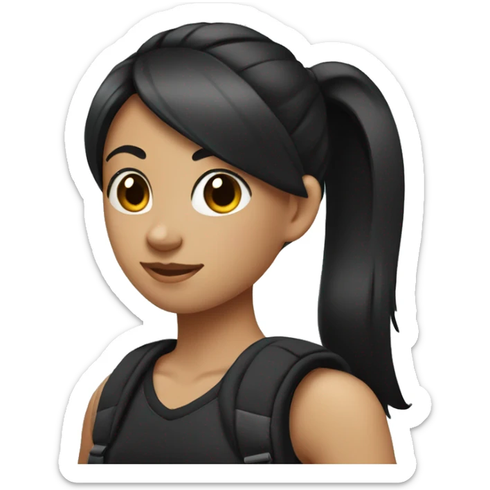 girl with black hair in a ponytail and a black sleeveless shirt wearing a backpack sticker
