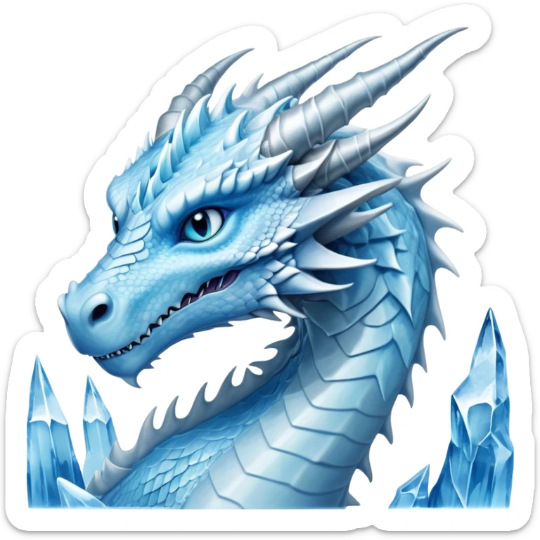 Cinematic Noble elegant Ice Dragon Portrait Emoji, Poised and imposing, distinct long elegant snout, with a slender, scaled body shimmering in glacial hues of icy blue, frostbitten silver, and crystalline white, breathing out frost, with piercing, glowing ice blue white eyes that radiate the chilling depths of an arctic storm; rendered in detail. excuding wisdom sticker