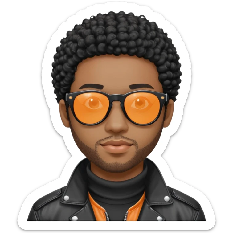 đàn ông 30 tuổi, da đen, tóc ngắn xù màu đen, đeo mắt kính râm màu cam nhẹ trong suốt nhìn thấy mắt, gọng kính màu đen, mặt ngầu, áo da cao cổ màu đen sticker