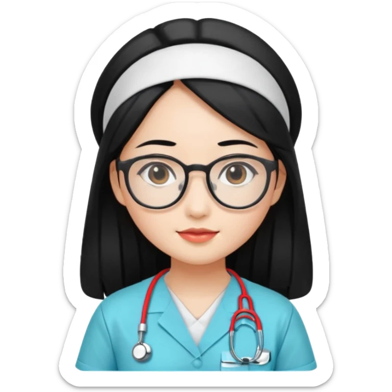Large breasted Beautiful Asian girl with long black hair and glasses wearing nurse scrubs sticker