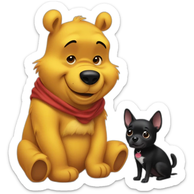 Winnie the Pooh with a black small dog who has a White spot on the stomach sticker