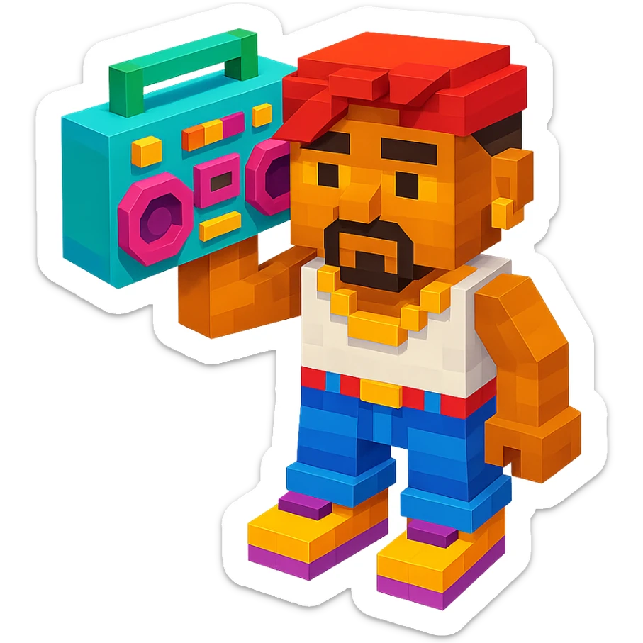 Lego 2Pac holding a boombox, detailed and colorful, retro hip-hop vibe sticker