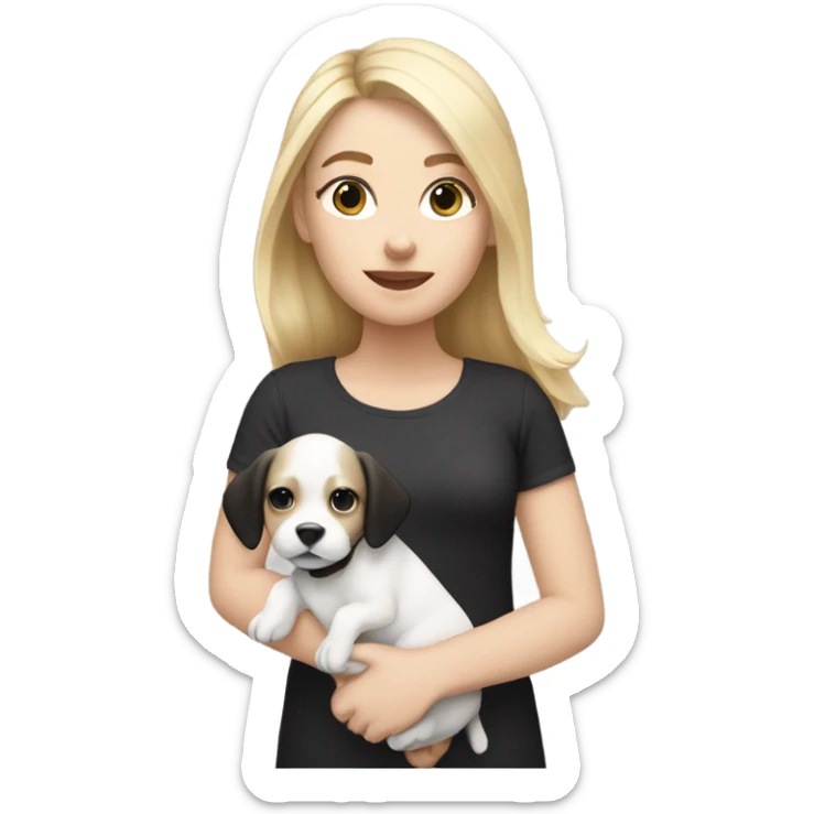 white girl with blonde hair holding black and white puppy sticker