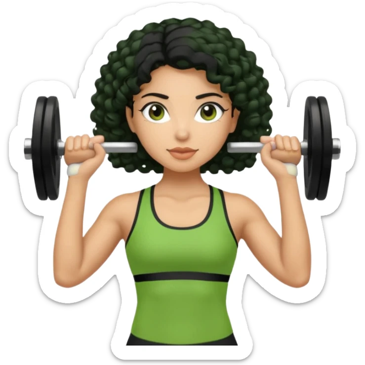 woman with olive skin and curly black hair wearing a green workout outfit (shorts) and lifting weights sticker