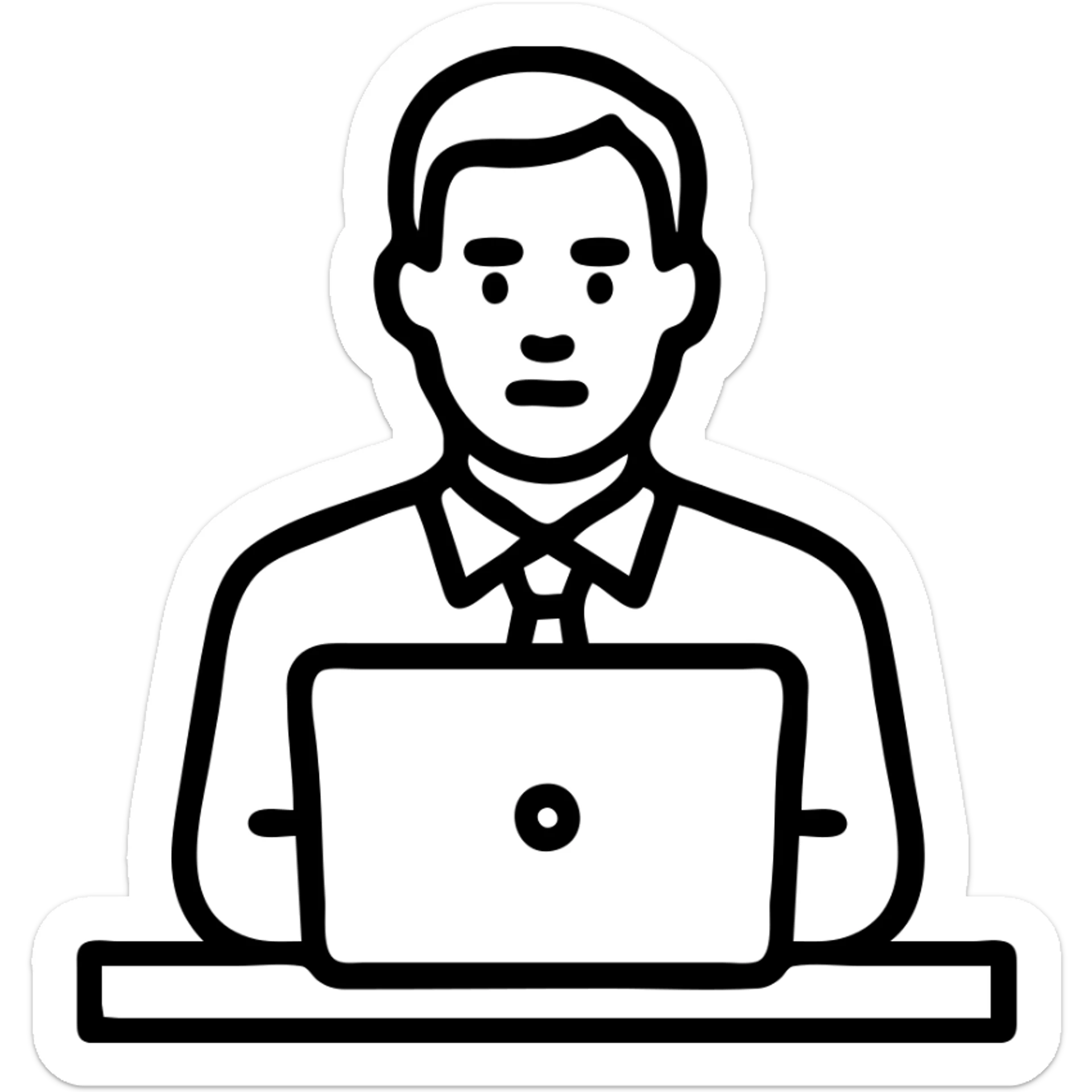 A 35-year-old male business coach sitting at a desk with a laptop sticker