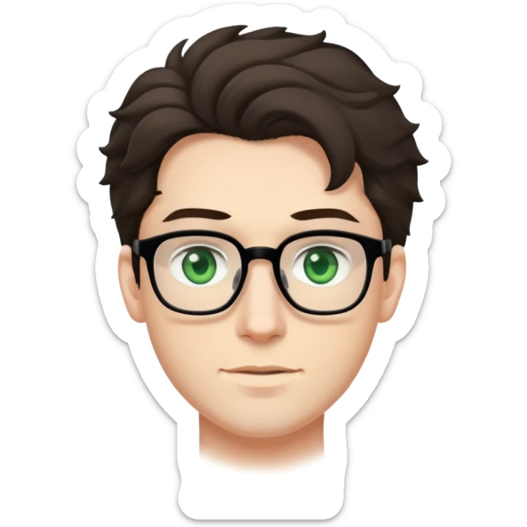 young man with pale skin, larger face, dark tall voluminous slightly wavy hair styled up high on head but not curly, wearing glasses with green eyes and very light stubble, with a slight smile sticker