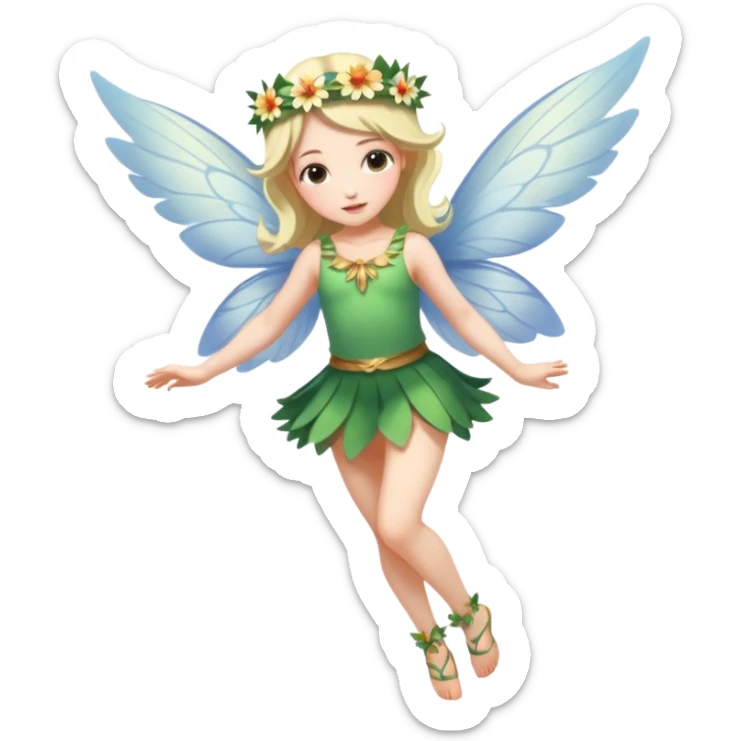 A winged flower fairy white skin girl, wearing a short skirt, one leg straight and the other bent, her body tilted, in a flying pose. sticker