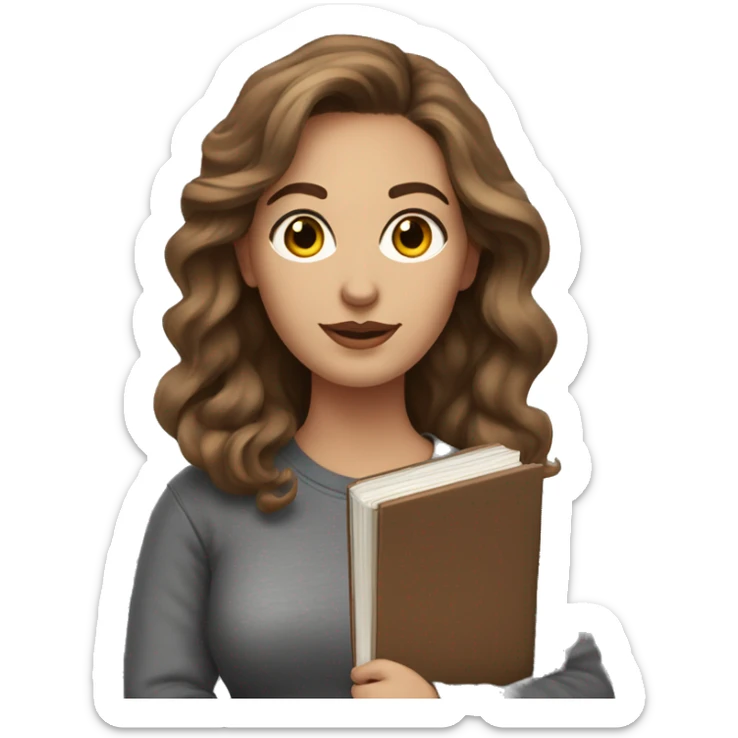 a white woman with makeup and long brown wavy hair. wearing a grey sweatshirt and black skirt and holding books sticker
