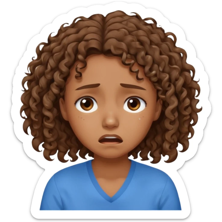 young curly hair girl, brown hair, with a blue shirt, in despair crying sticker