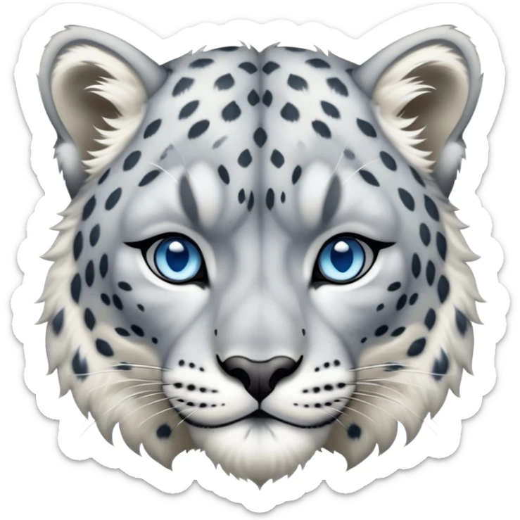 Cinematic-Noble-Snow-Leopard-Portrait-Emoji – Poised and majestic, with a muscular, agile build and a beautifully patterned coat of soft white and grey fur, marked with striking rosettes, deep-set, intelligent icy blue eyes, simplified yet sharp and sophisticated. sticker