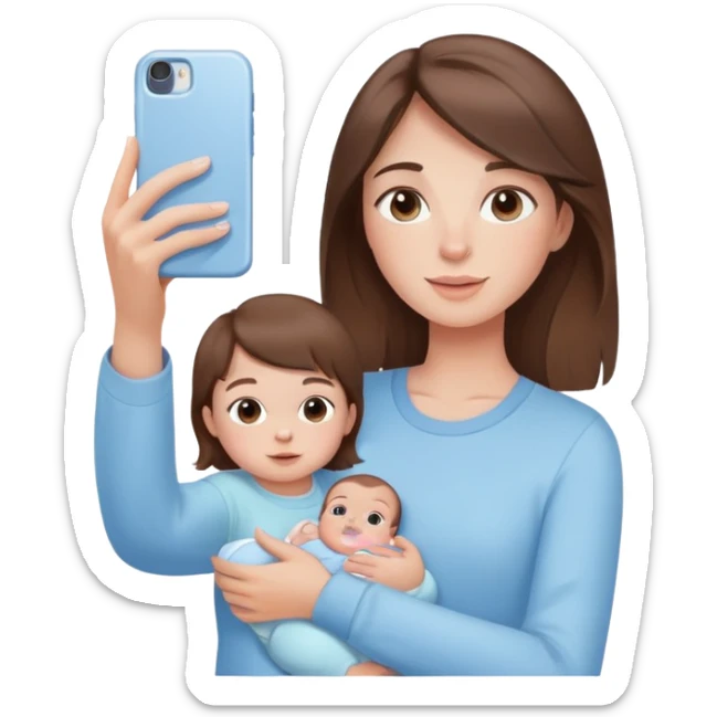 brunette girl with brown hair wearing pastel blue clothes holding a baby and taking a selfie sticker