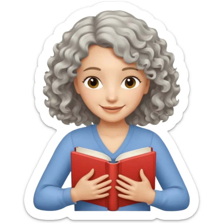Silver hair, wavy/curly hair chin-length lady giving hug with 2 arms,  v-neck and smiling, add a favorite book sticker