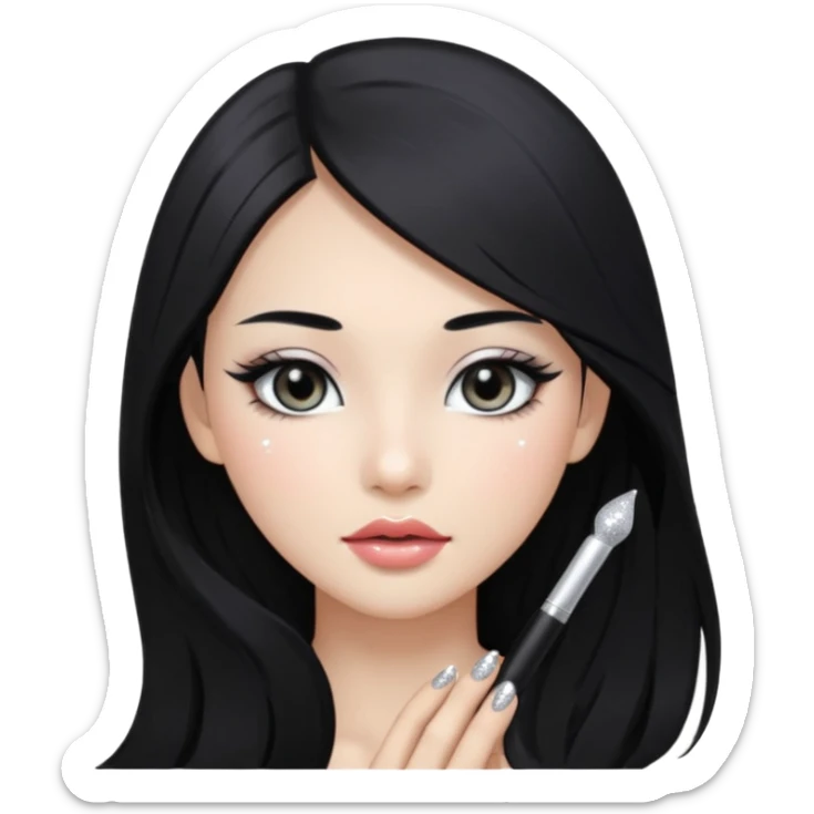 asian long black hair silver grey eyes glossy lips glittery white eyeshadow girl sticker