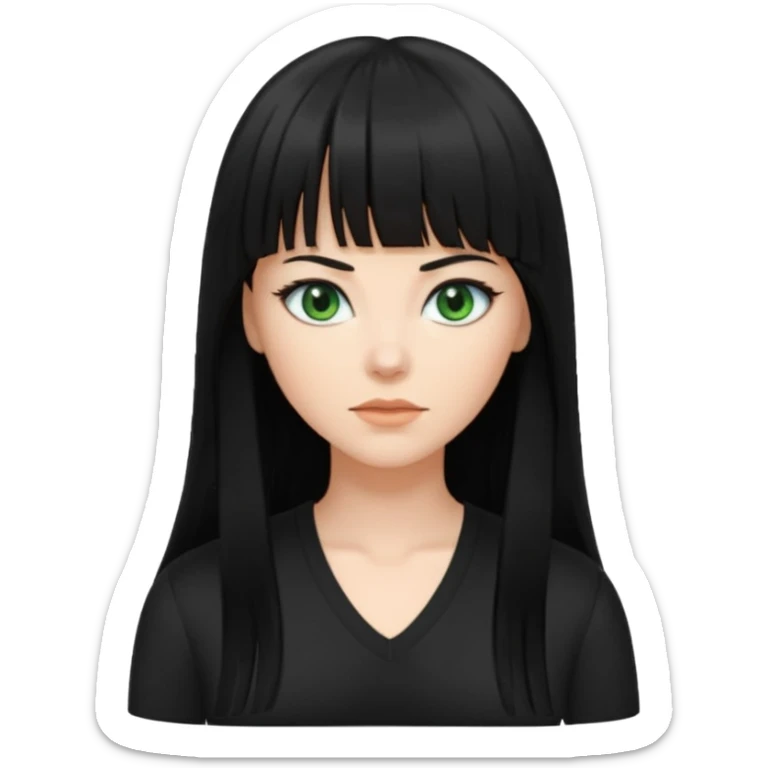 A white woman with Long straight hair with bangs, black hair, green eyes and a low-cut shirt sticker