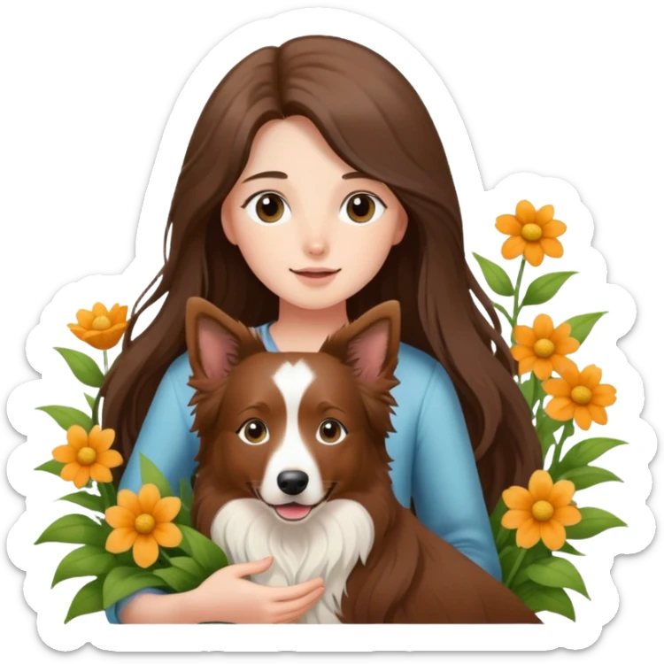 A long-haired girl is holding a brown Border Collie in the flowers sticker