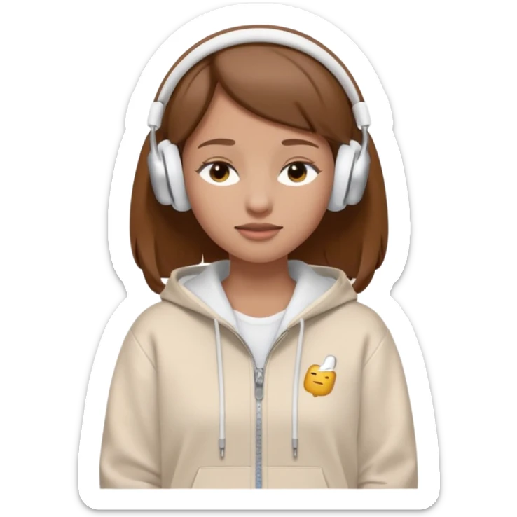 A clean, minimal emoji-style illustration of a light-skinned girl with brown hair worn loose. Her eyes are closed while listening to music with silver AirPods Max. She’s wearing a white zip-up hoodie. Smooth 3D emoji style, soft lighting, neutral tones. sticker