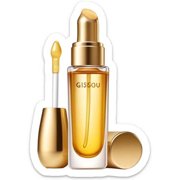 Gisou lip oil, small transparent bottle with gold cap, tinted lip gloss, honey-infused beauty product sticker