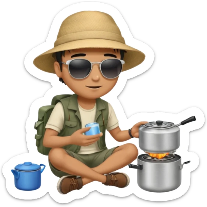 A man camper boiling water on a portable stove, enjoying the outdoor breeze sitting on the ground
 sticker
