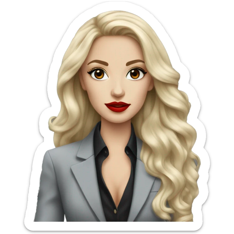 Russian Blonde long hair with red lips and black eyes Tiffany diamond seller in a grey suit sticker