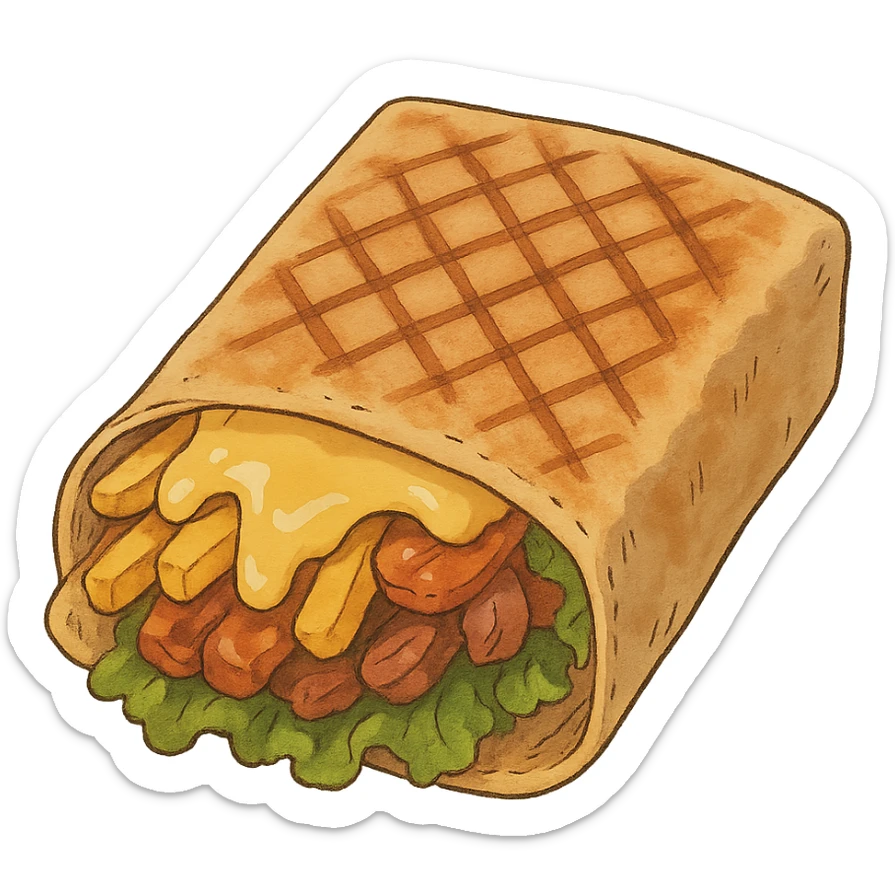 ghibli style French tacos, grilled wrap with fillings, cheese, and fries sticker