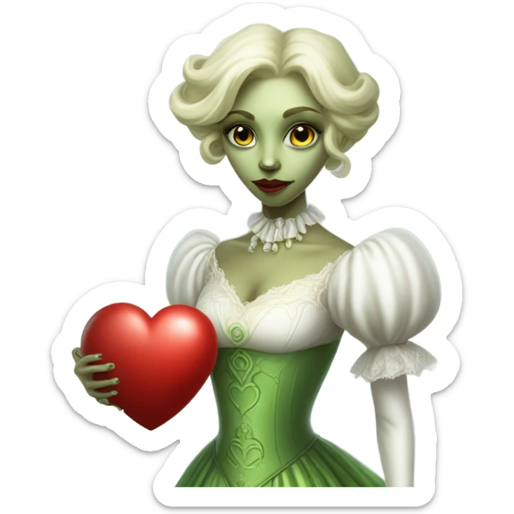 "galora green blonde alien woman" in white Victorian dress elegant, full body holdig red big hearth sticker