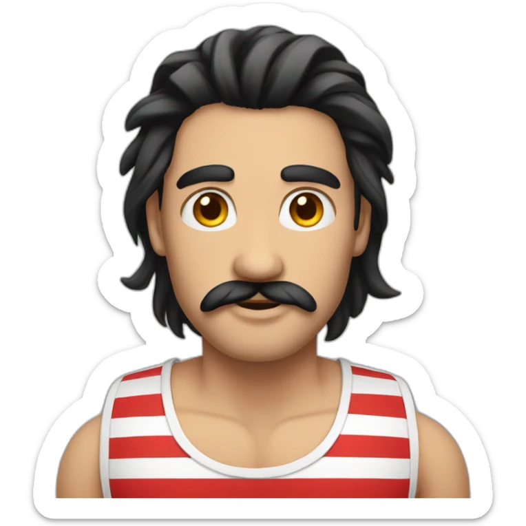 male with long black hair, moustache and striped black and red tank top sticker