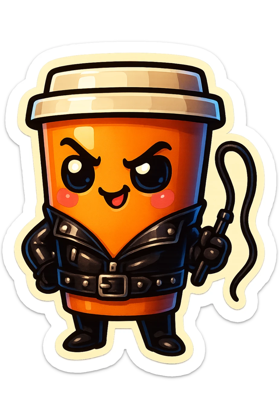 Tall coffee cup, dressed in leather holding a whipping crop, mischevious, sticker