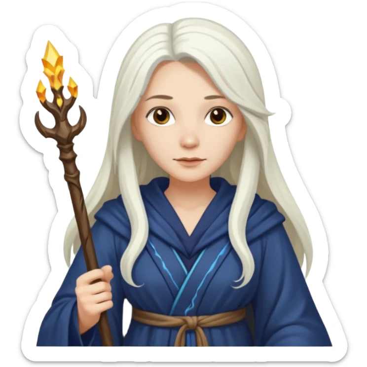 White Long Haired Women, Sorceress with staff — flowing white hair, calm face. sticker