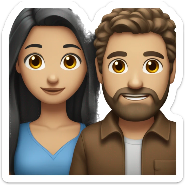 happy couple: girl with long black hair and blue eyes standing next to a man with brown hair and brown beard brown eyes sticker