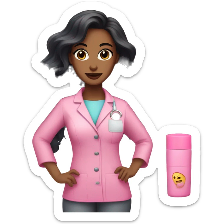 Pretty esthetician with long black wavy hair and pink scrubs pretty eyes and pink lipstick sticker