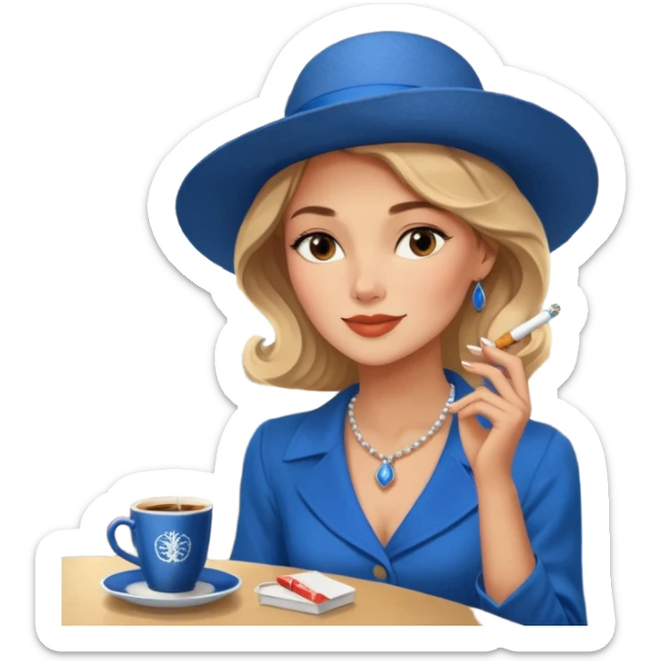 a woman with a slight smile smoking a cigarrette while holding a blue hardcover of Anna Karenina by Liev Tolsoi in a cafeteria full of queer people being nice and ordering specialty coffee from nigeria sticker