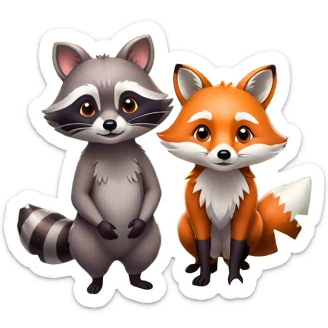 Collage of a raccoon and a fox, in close-up, set in a beautiful forest with tall trees, green bushes, and sunlight filtering through the leaves and flowers. Both animals look curious and playful. A vibrant, wild atmosphere with a transparent background. sticker