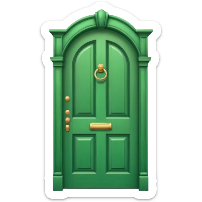 A wooden green door emoji in the style of Apple emoji with a handle and a knocker and a different color sticker