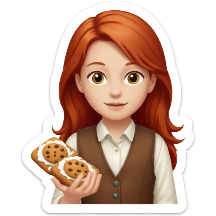 white girl scout with red long hair selling cookies with a brown vest and white shirt under vest. She should be around 10 years old sticker