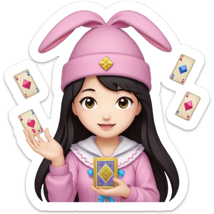 pixel art chibi asian girl with dark long hair in pink bunny hat magical girl with kawaii tarot cards thrown in air pixel emoji sticker
